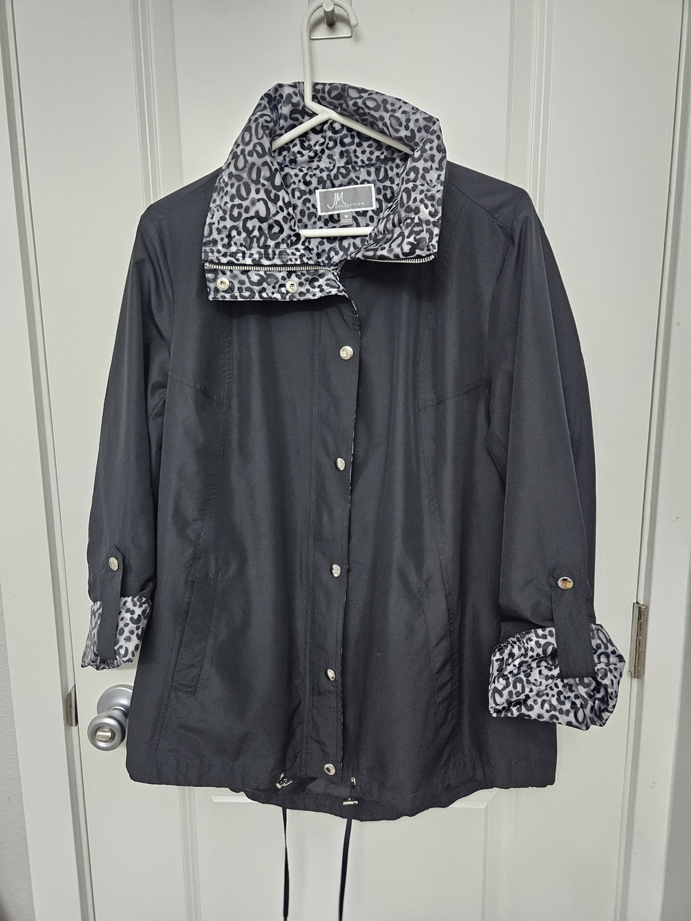 JM Collection Black Jacket with Grey Leopard Trim